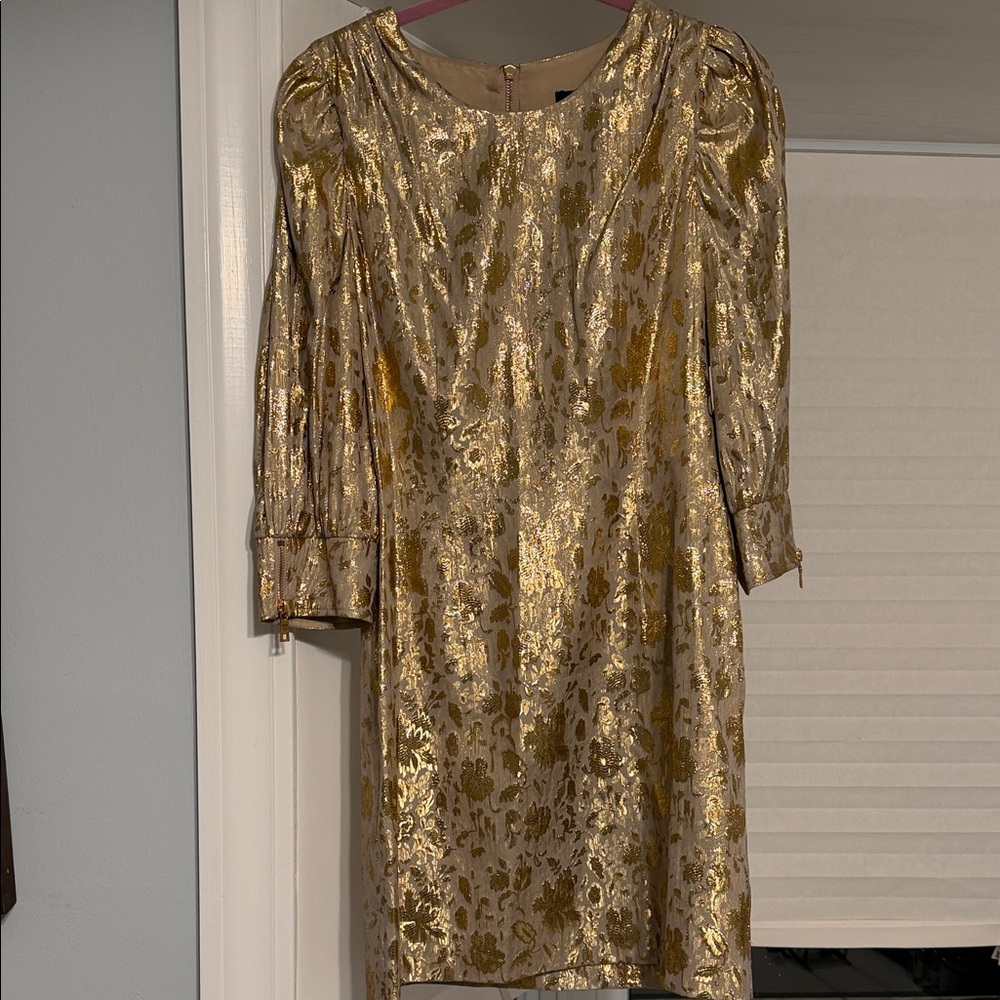 Andrew Marc Metallic Gold Floral Long Sleeve Shift Dress
